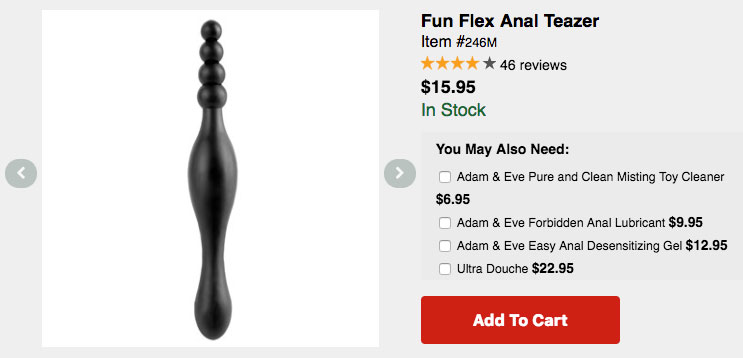Screencap of an Adam&Eve product listing featuring a "Fun Flex Anal Teaser" with no base for safety