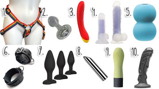 Graphic of numbered sex toys, including a rainbow strap-on harness and several styles of vibrator, dildo, butt plug, etc.