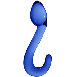 Photo of the Chrystalino Champ, an S-shaped blue glass dildo with a bulbous head and highly curved handle