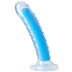 Photo of the Blush Neo Elite GLOW Tao, a clear silicone dildo with a bright aqua blue core visible inside