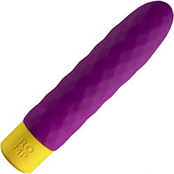 Photo of the Romp Beat Bullet, a purple, slightly textured silicone vibrator with a yellow base