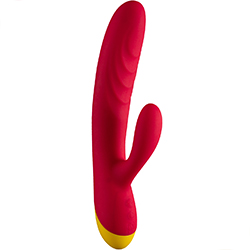 Photo of the Romp Jazz, a rabbit vibrator with a red, lightly textured body and yellow base